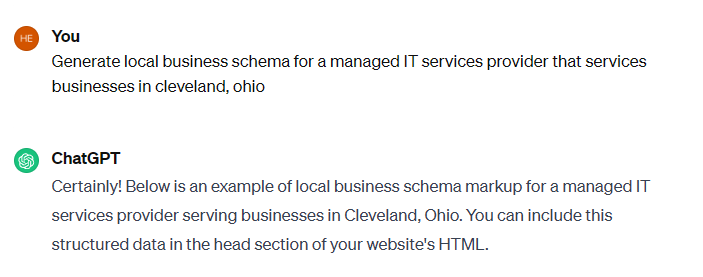 ChatGPT local business structured schema prompt